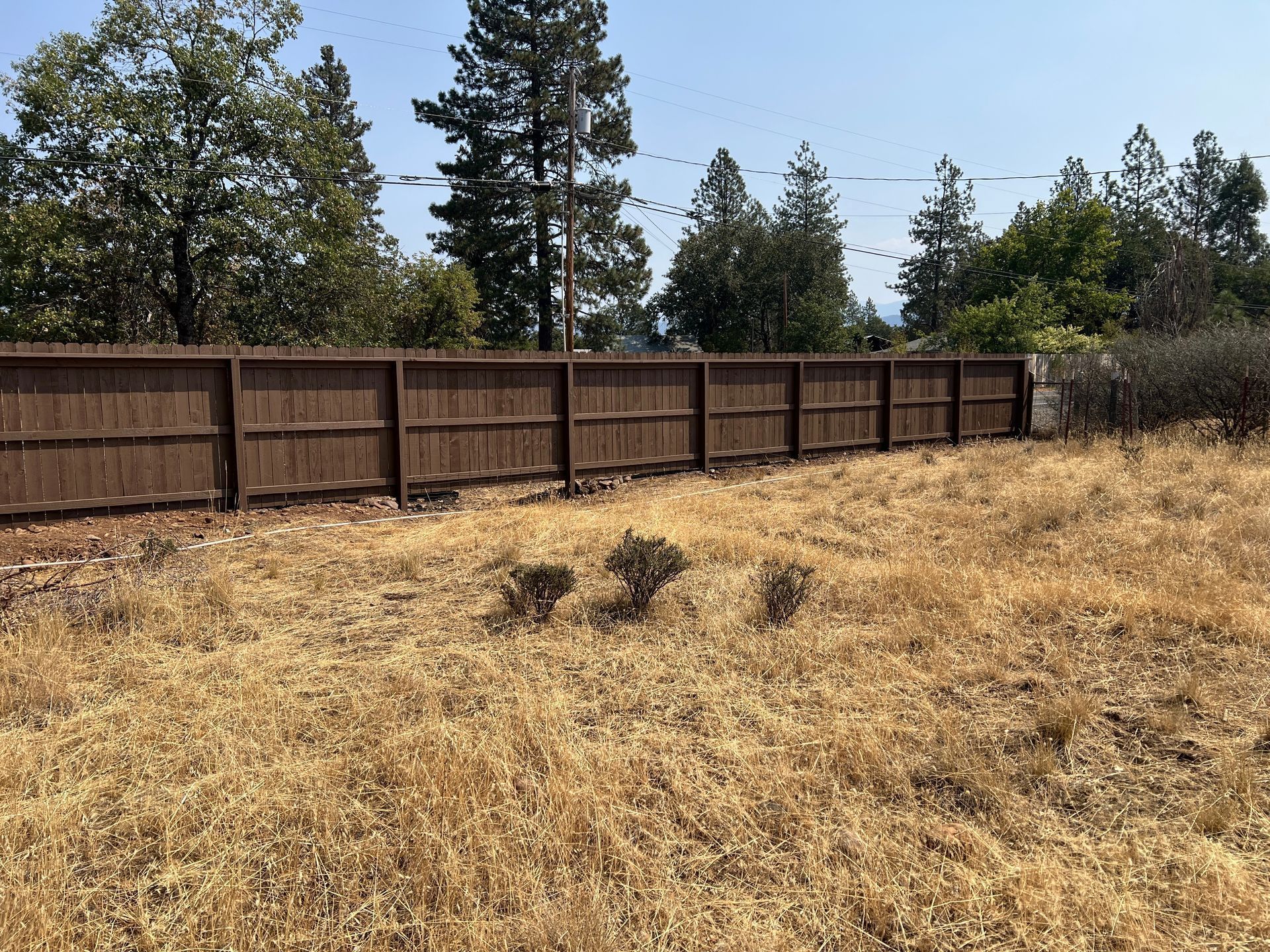 A long brown wooden fence stretches across a dry, grassy field under a clear blue sky with tall trees in the background.