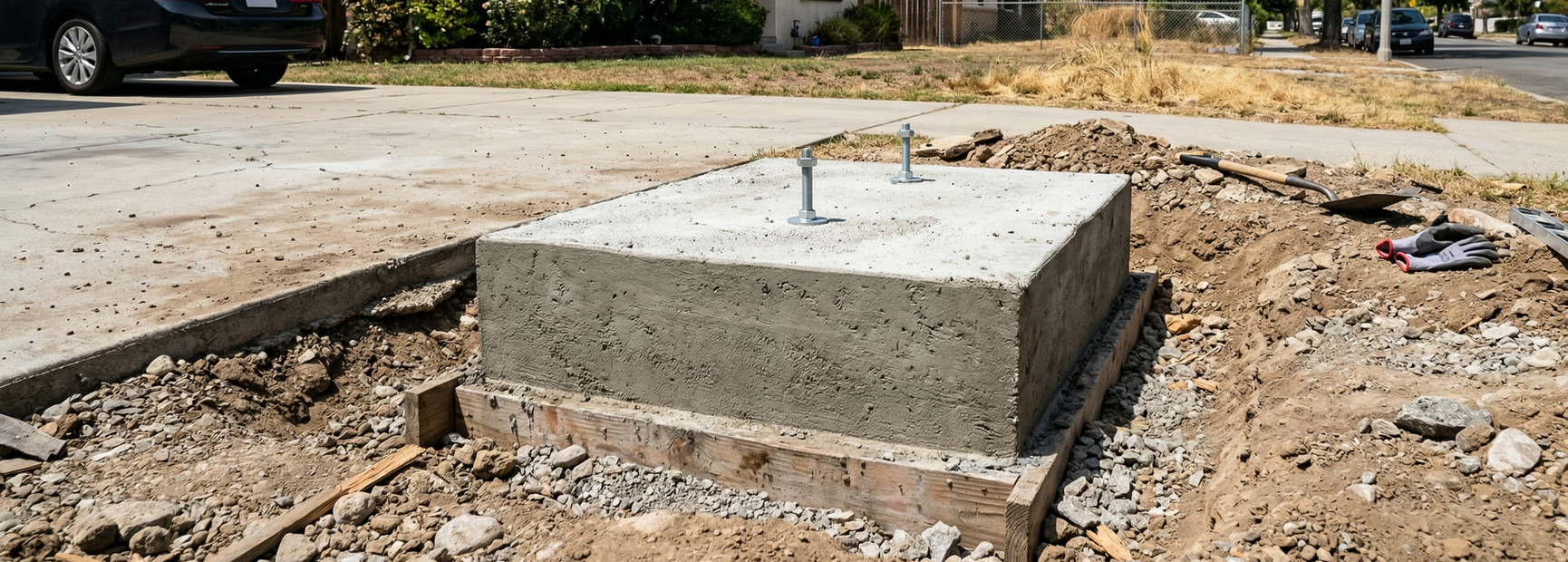 Concrete utility box with metal pipes on a dirt construction site near a road