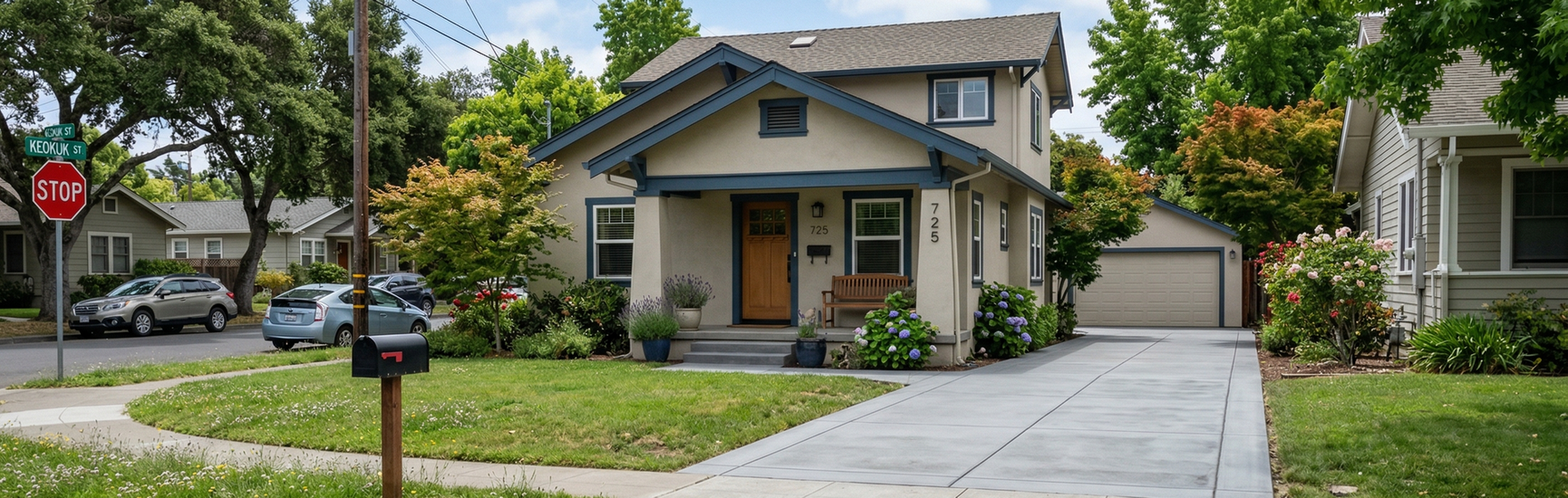 Suburban house with a front porch, driveway, and well-kept lawn on a tree-lined street