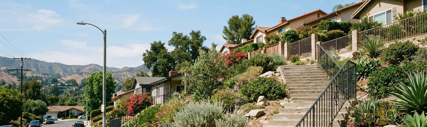 Residential hillside neighborhood with terraced homes, stone steps, lush greenery, and a distant city view.