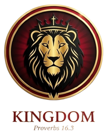Golden lion head logo with a crown in a red circle above the word “KINGDOM” and “Proverbs 16:3”