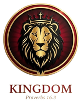 Golden lion head logo with a crown in a red circle above the word “KINGDOM” and “Proverbs 16:3”
