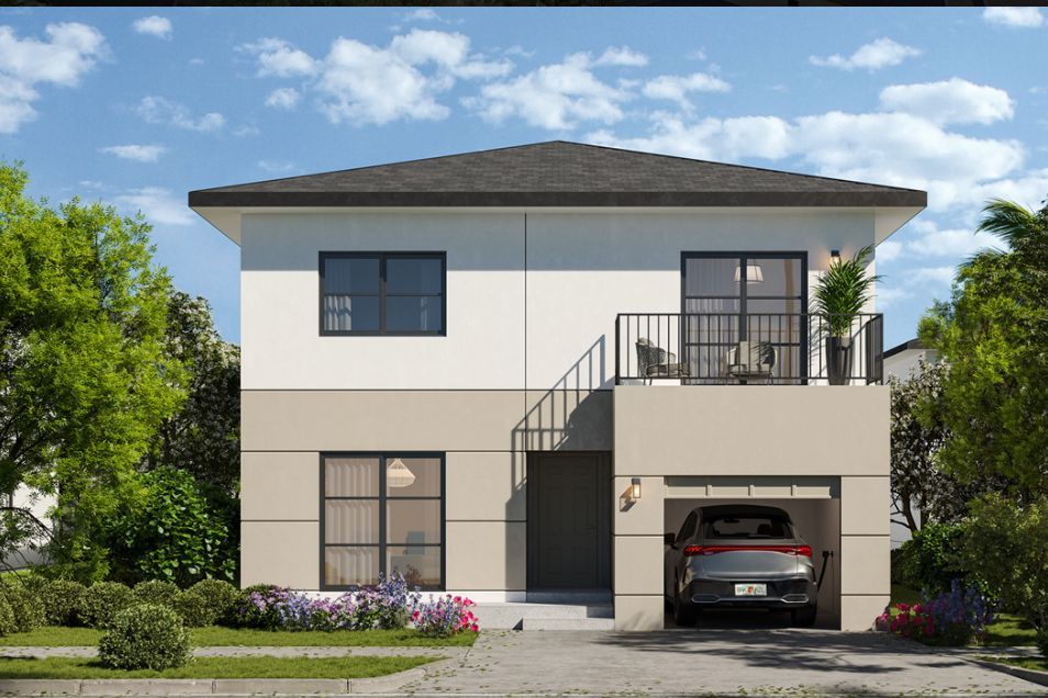 Modern two-story white house with balcony, stairs, and a car parked in the garage beneath it