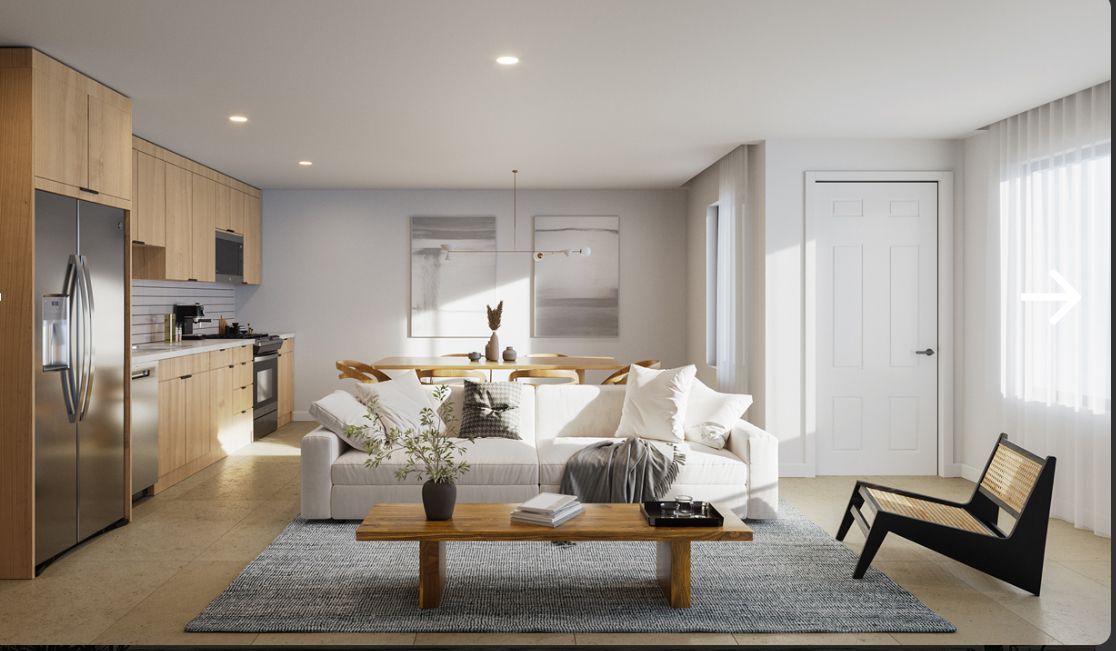 Bright modern living room with a sofa, coffee table, rug, kitchen, and large windows.