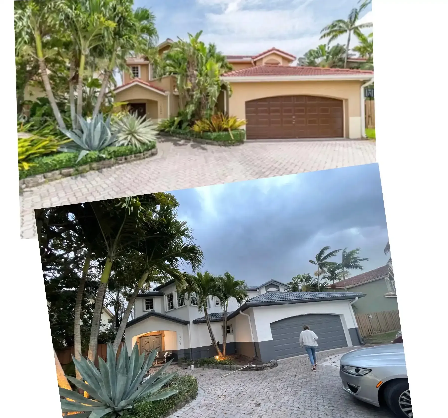 Two suburban house exteriors with driveways, palm trees, and a person holding an umbrella in the lower scene