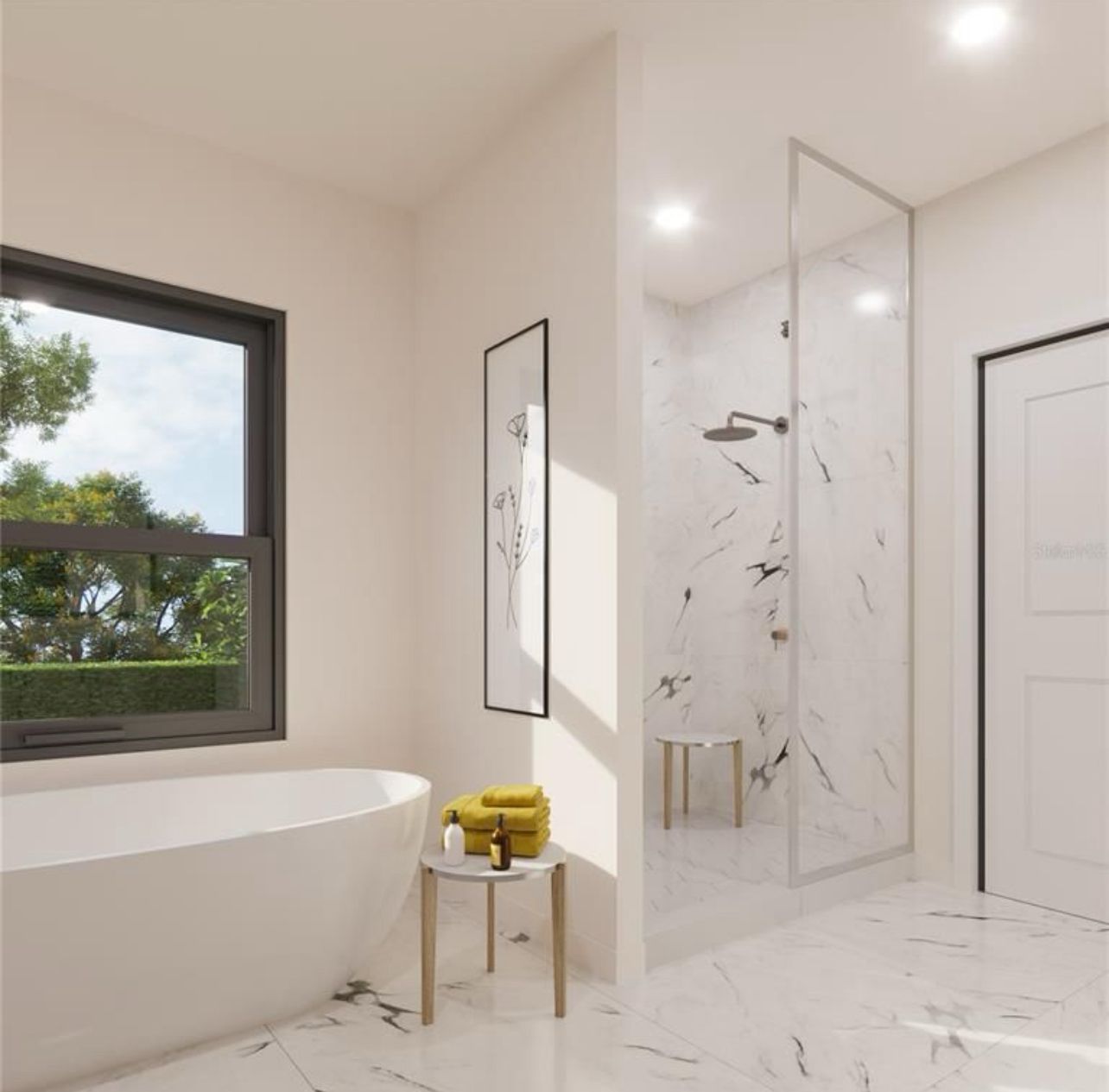 Bright modern bathroom with freestanding tub, walk-in shower, marble tiles, and a window