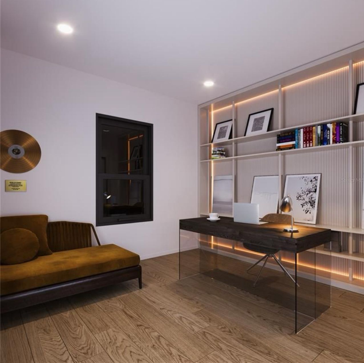Modern home office with a desk, shelves, warm LED lighting, and a brown sofa on wood flooring.