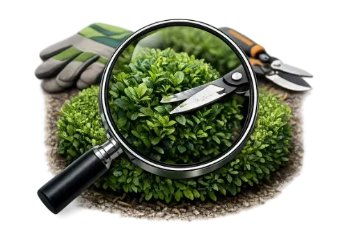 A magnifying glass focuses on a manicured hedge, with gardening gloves and shears in the background.