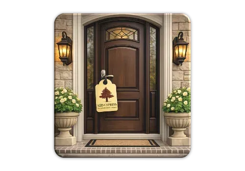 A dark wood front door with a tree-themed sign, flanked by two lit wall lanterns and large potted white flowers.