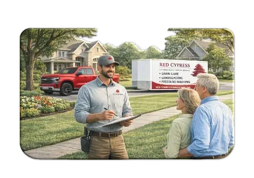 A landscape professional in a uniform takes notes while speaking with a couple in front of a red truck and service trailer.