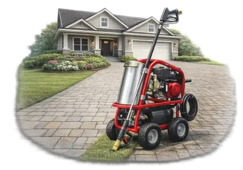 Pressure washer on driveway in front of a house. Red and black machine, gray house, green grass.