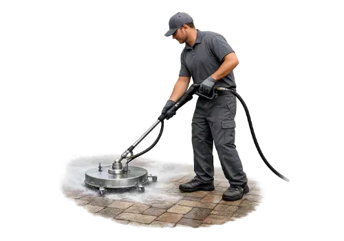 A worker in a gray uniform uses a circular surface cleaner to power wash a stone patio, creating mist and foam.