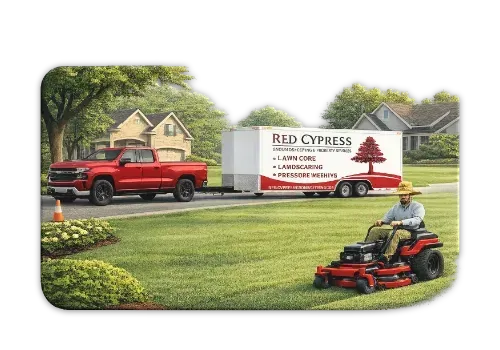 Red zero-turn mower on freshly cut green lawn in front of a beige house with a garage.