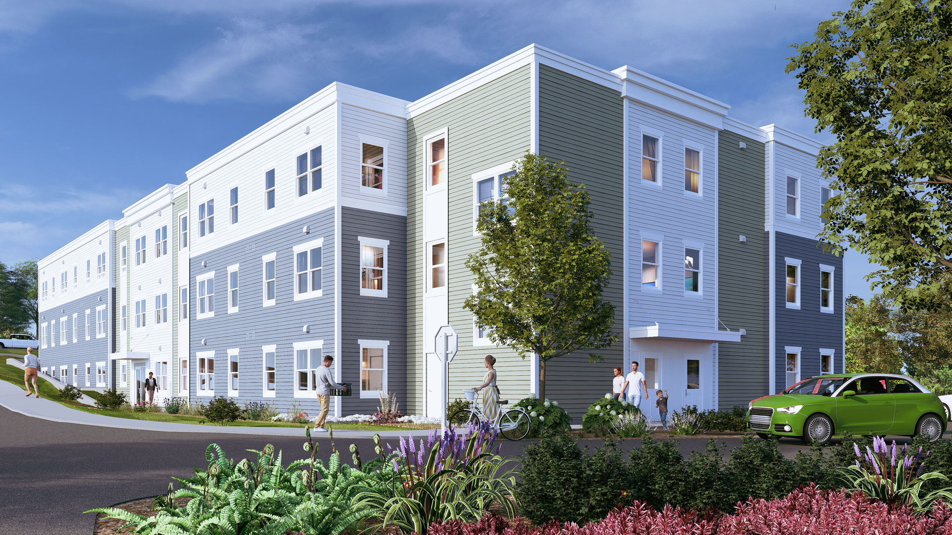 An artist 's impression of a large apartment building with cars parked in front of it.