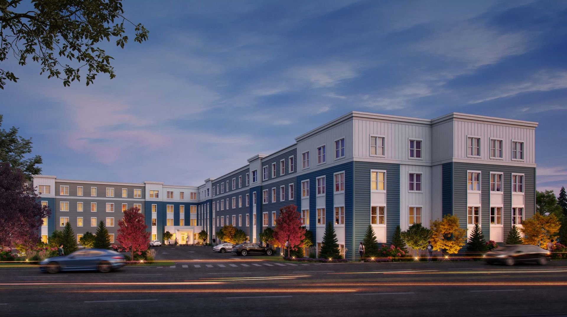 Rendering of apartment building with cars parked in front of it.