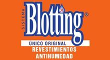 Logotipo para recubrimientos antihumedad “Blotting”, con texto azul sobre fondo naranja.