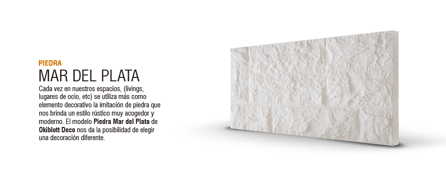 Expositor de pared de piedra blanca con texto “Mar del Plata” y descripción del producto en español.