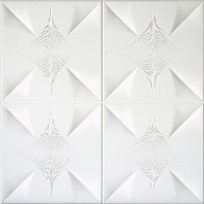 Cuatro azulejos de pared blancos, cuadrados y texturizados con diseños centrales en forma de diamante