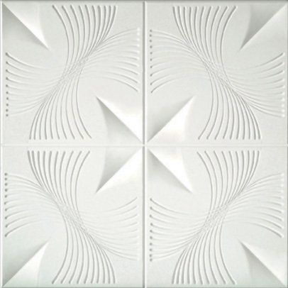 Paneles de pared texturizados en 3D de color blanco con un patrón cuadrado con líneas onduladas y formas geométricas.