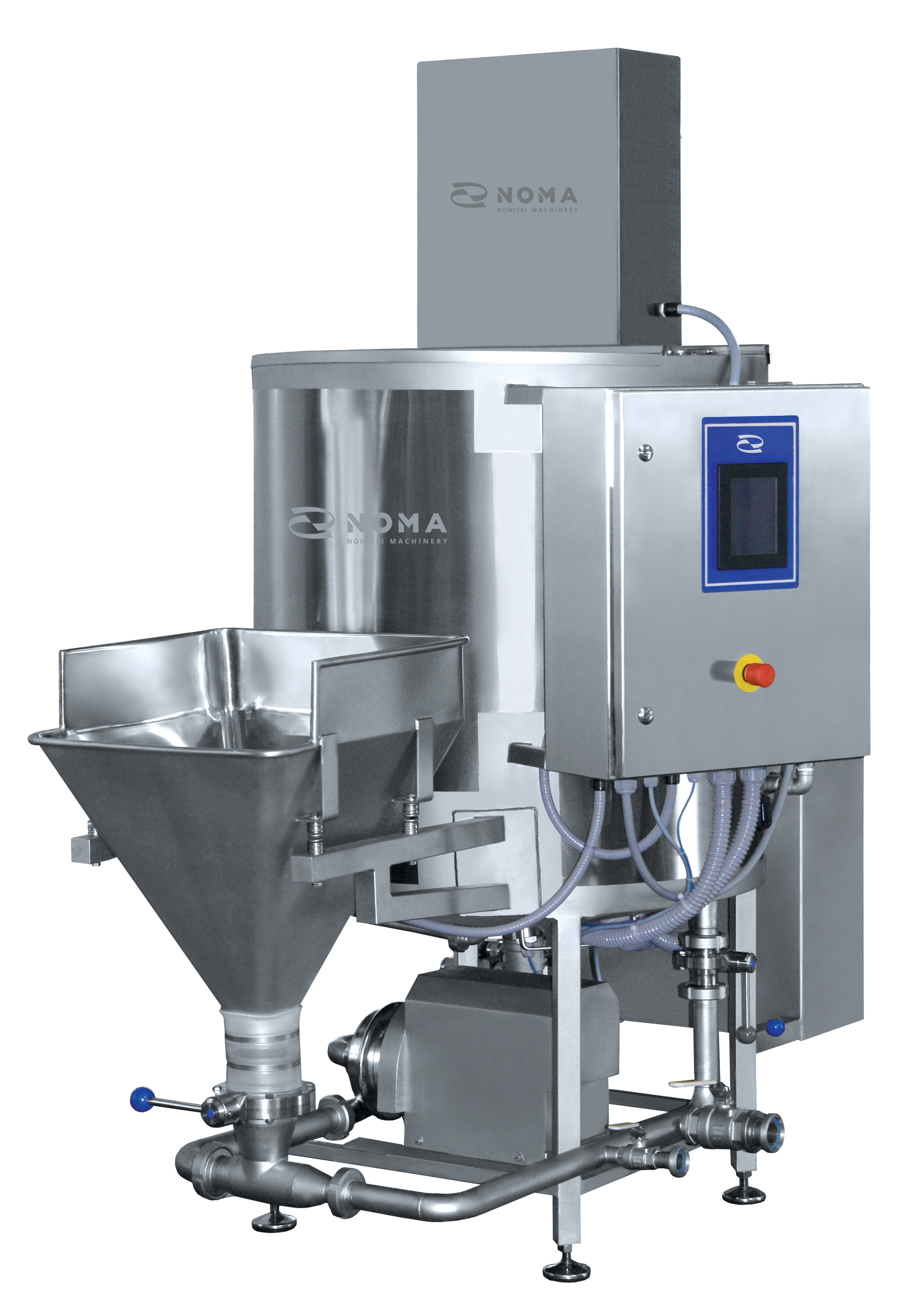 A stainless steel machine is sitting on top of a white surface.