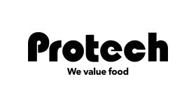 The logo for protech is black and white and says we value food.