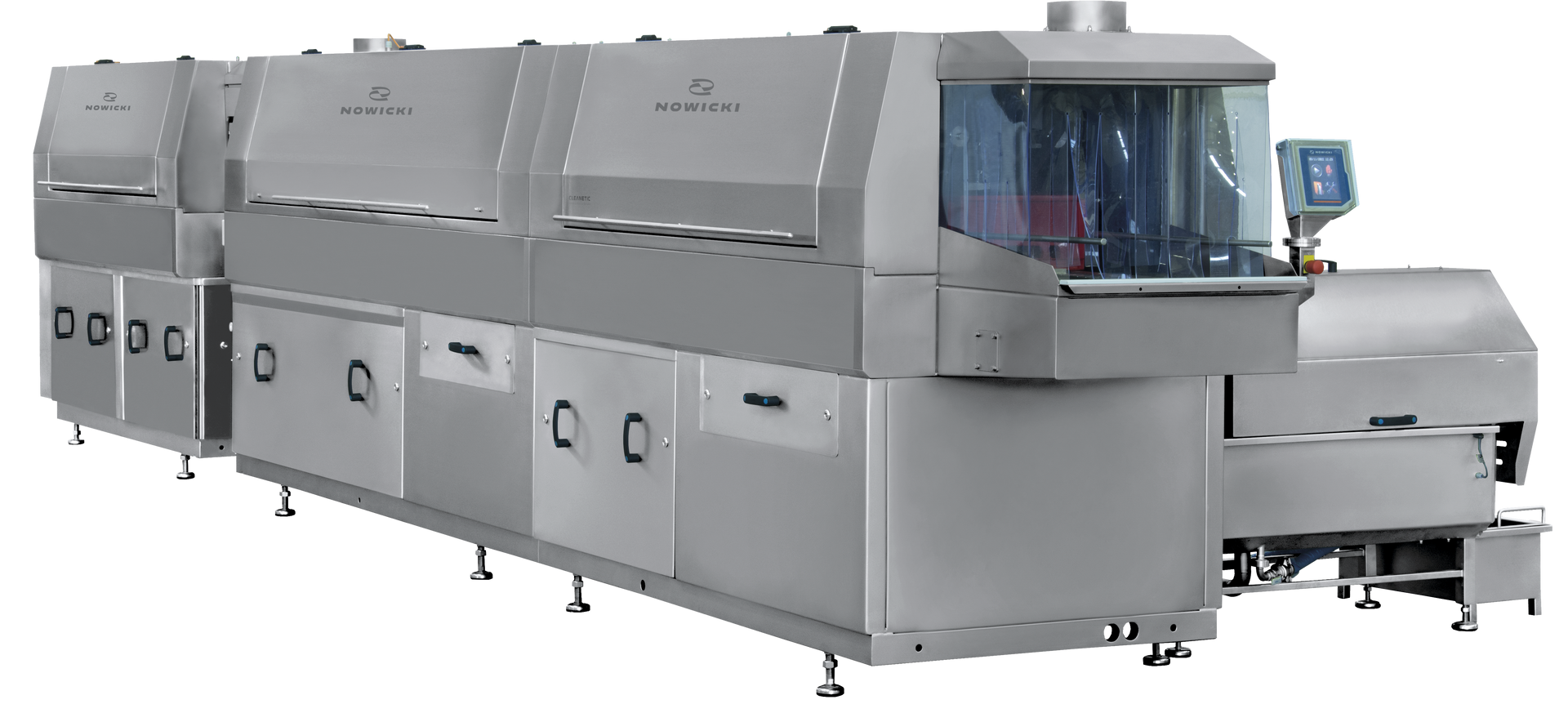 A large stainless steel machine is sitting on a white surface.