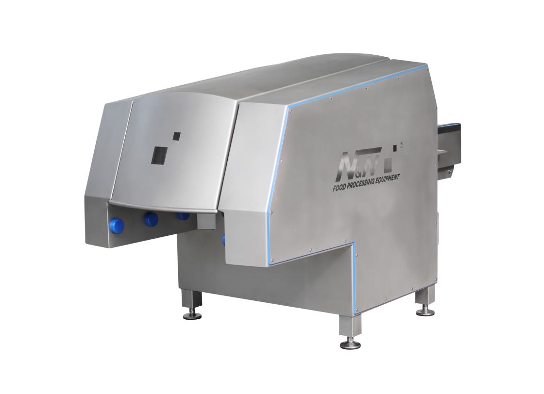 A stainless steel machine is sitting on a white surface.