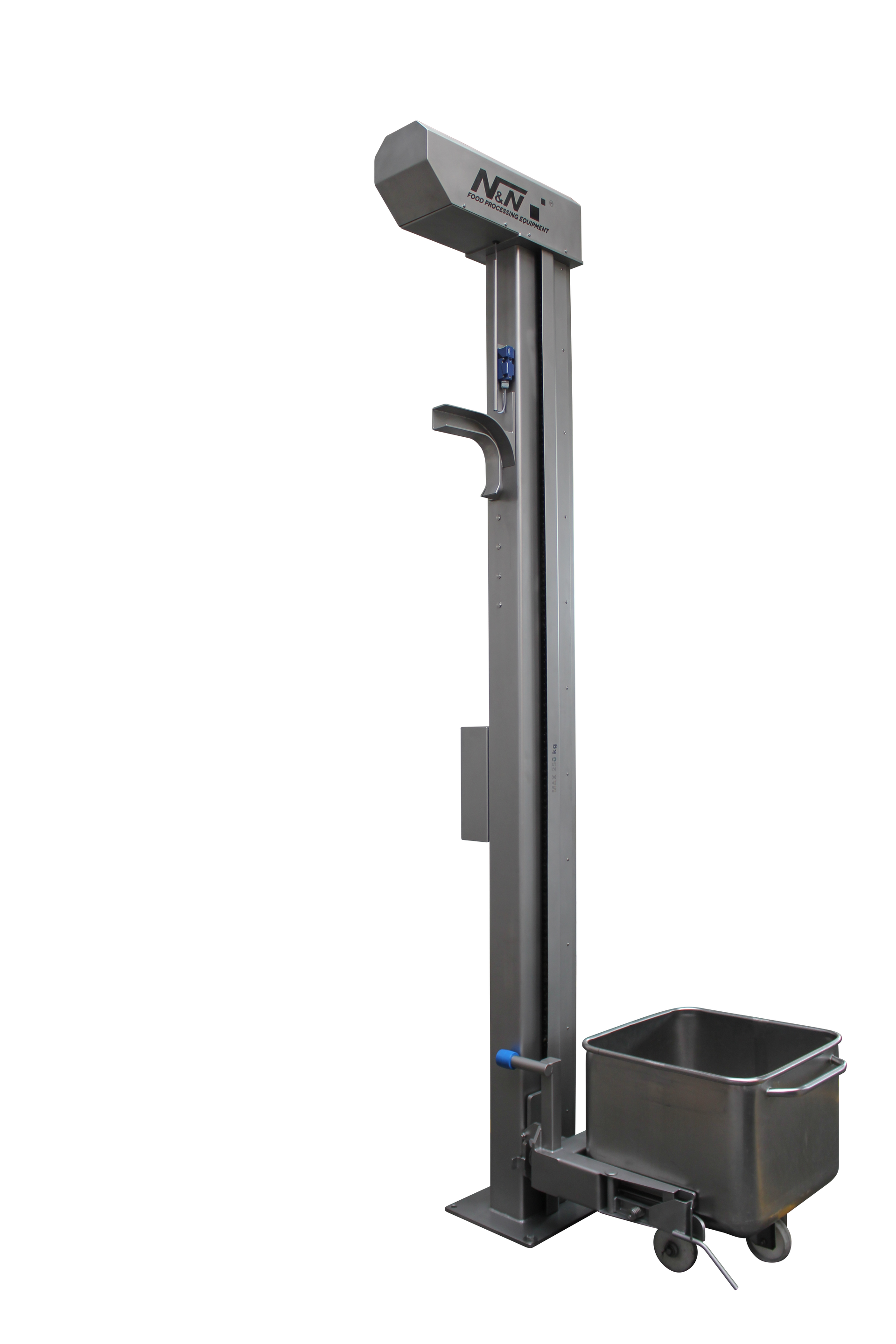 A stainless steel elevator with a bucket attached to it on a white background.