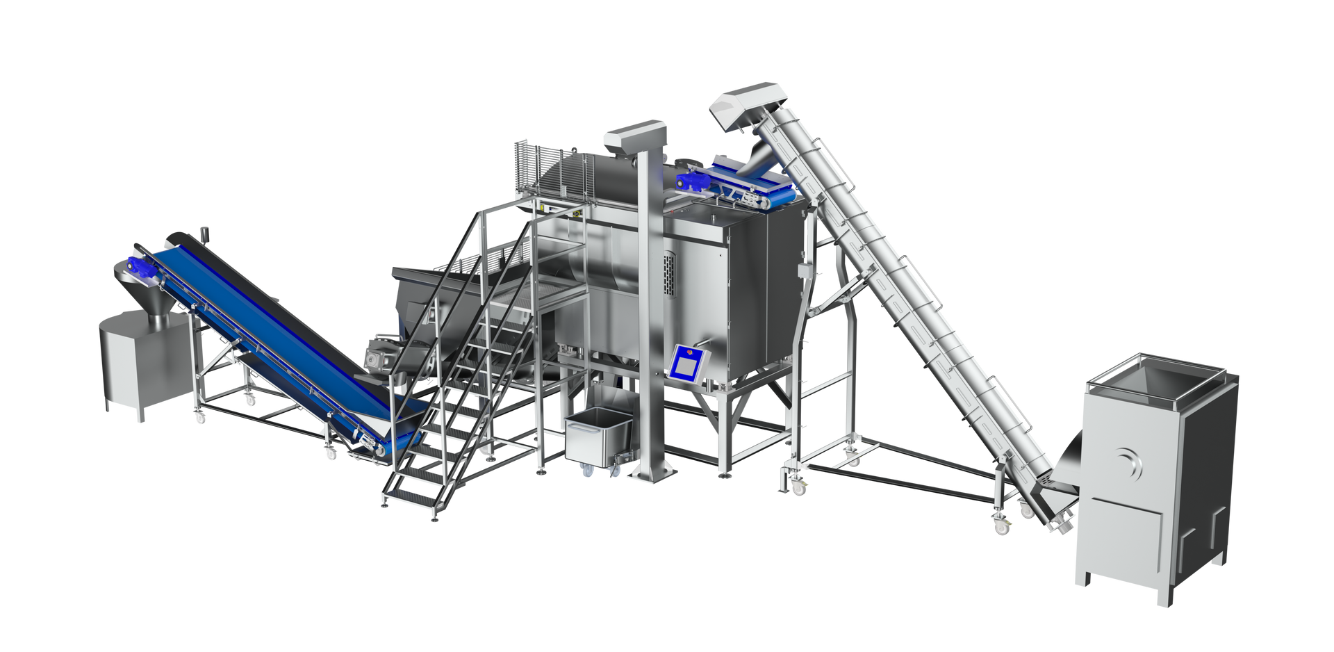 A drawing of a machine with a conveyor belt and stairs on a white background.