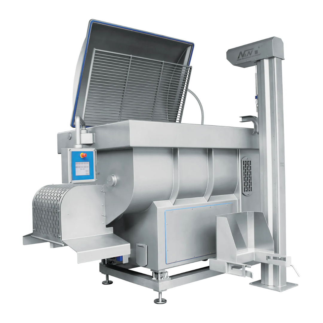 A stainless steel machine with the lid open on a white background.