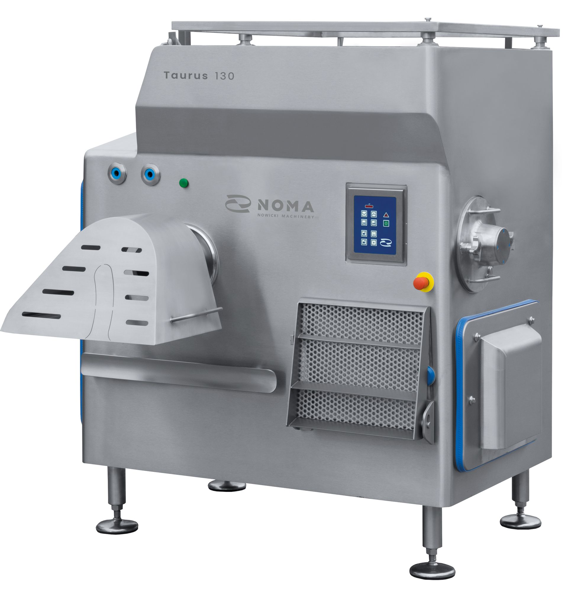 A stainless steel machine is sitting on a white surface.