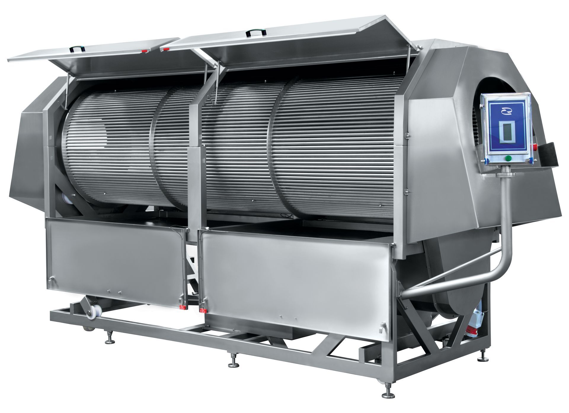 A large stainless steel machine with the lid open on a white background.