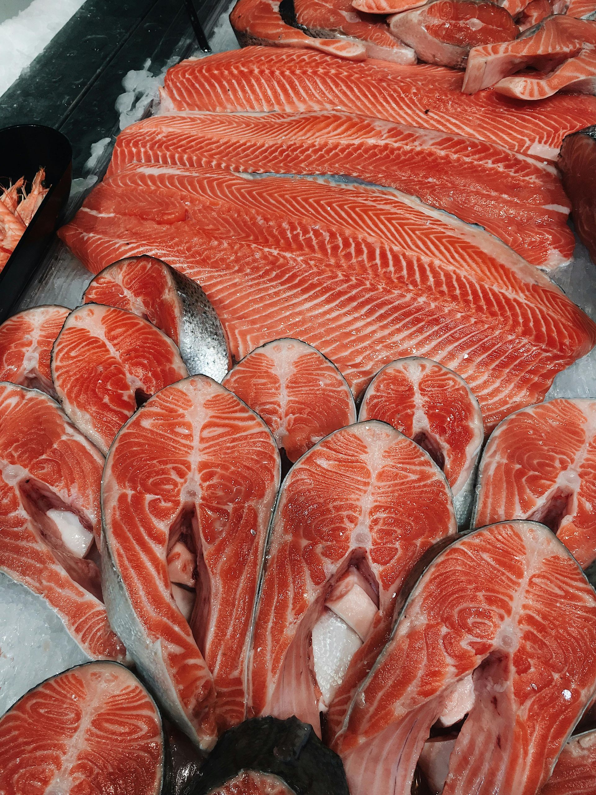 A bunch of salmon slices are sitting on top of ice.