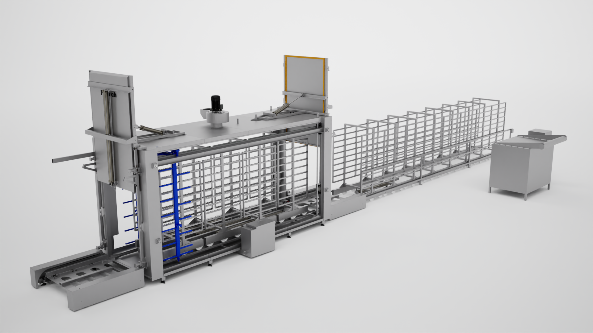 A 3d rendering of a machine with a conveyor belt.