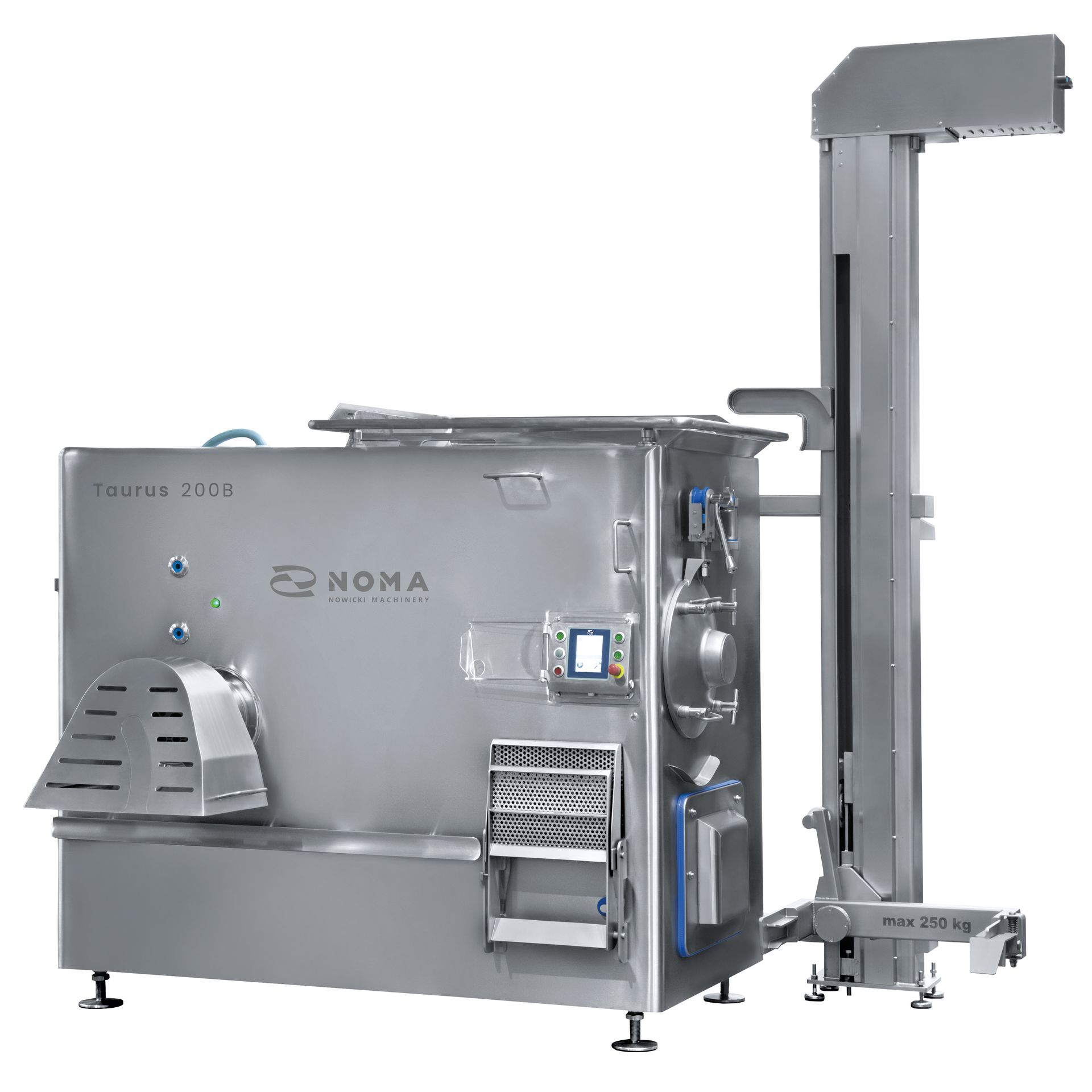 A stainless steel meat grinder with a conveyor belt attached to it.