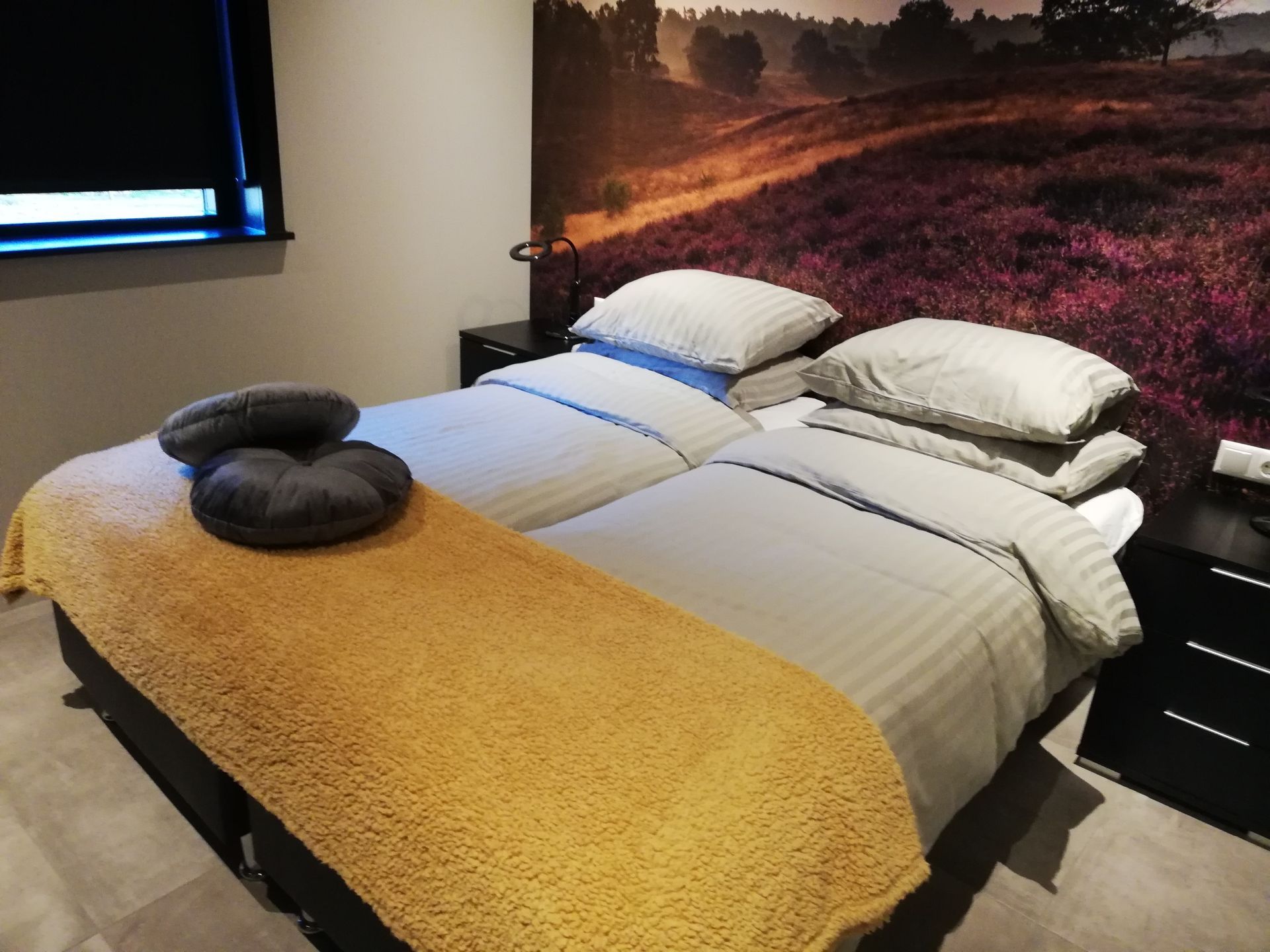 Twee bedden met opgemaakt bed  bij aankomst. Zwarte nachtkastjes, een kleurrijke landschapsmuur.