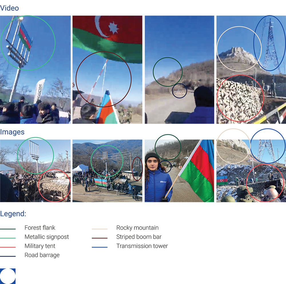 Collection of photos and videos featuring the Azerbaijani flag, power lines, and crowds.