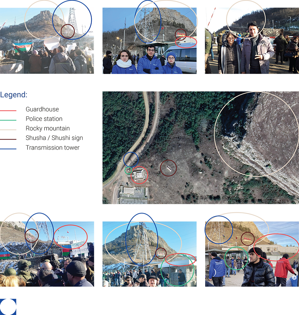 Collage of photos showing flags, crowds, & outdoor scenes, included as a exhibit in the ZPO report accompanied by a legend.