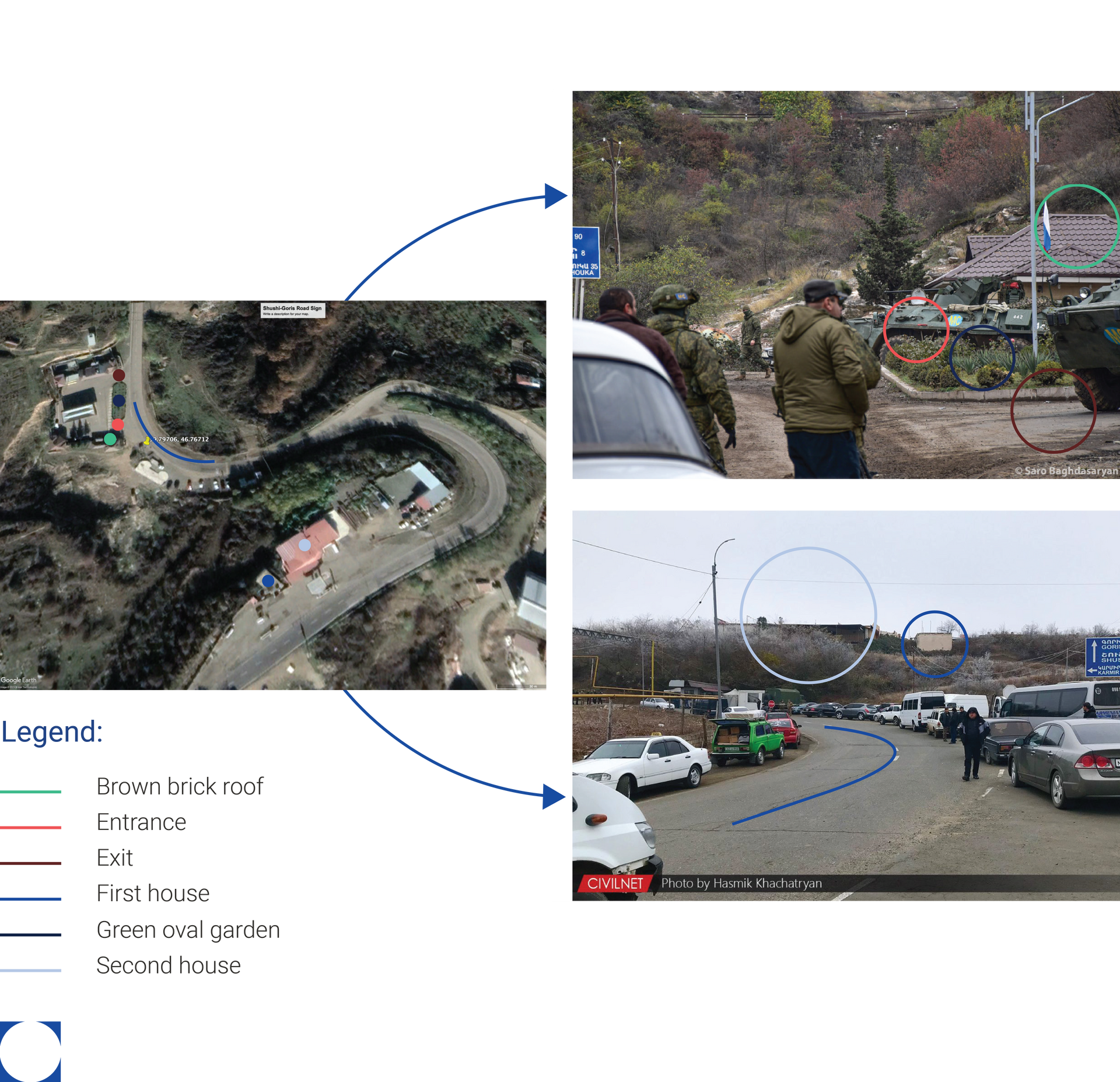 Satellite view and photos of a winding road with cars and people, possibly a border crossing or checkpoint.