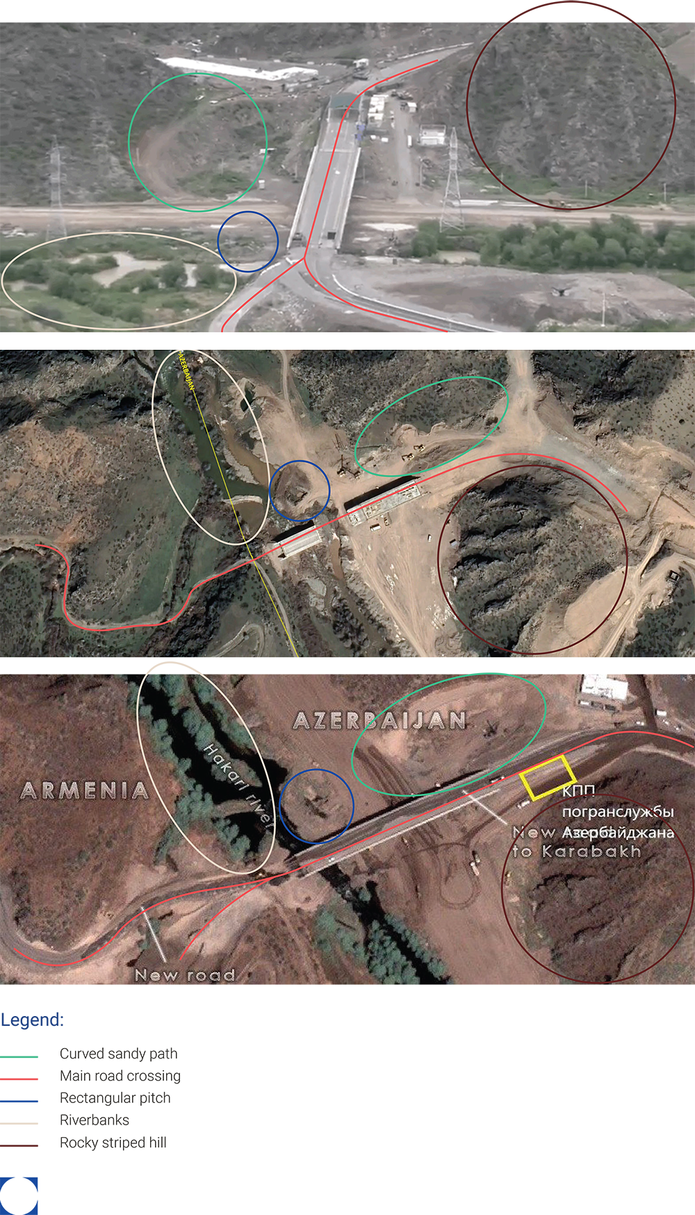 Three aerial views of a bridge over a river. Roads and surrounding terrain are also visible.