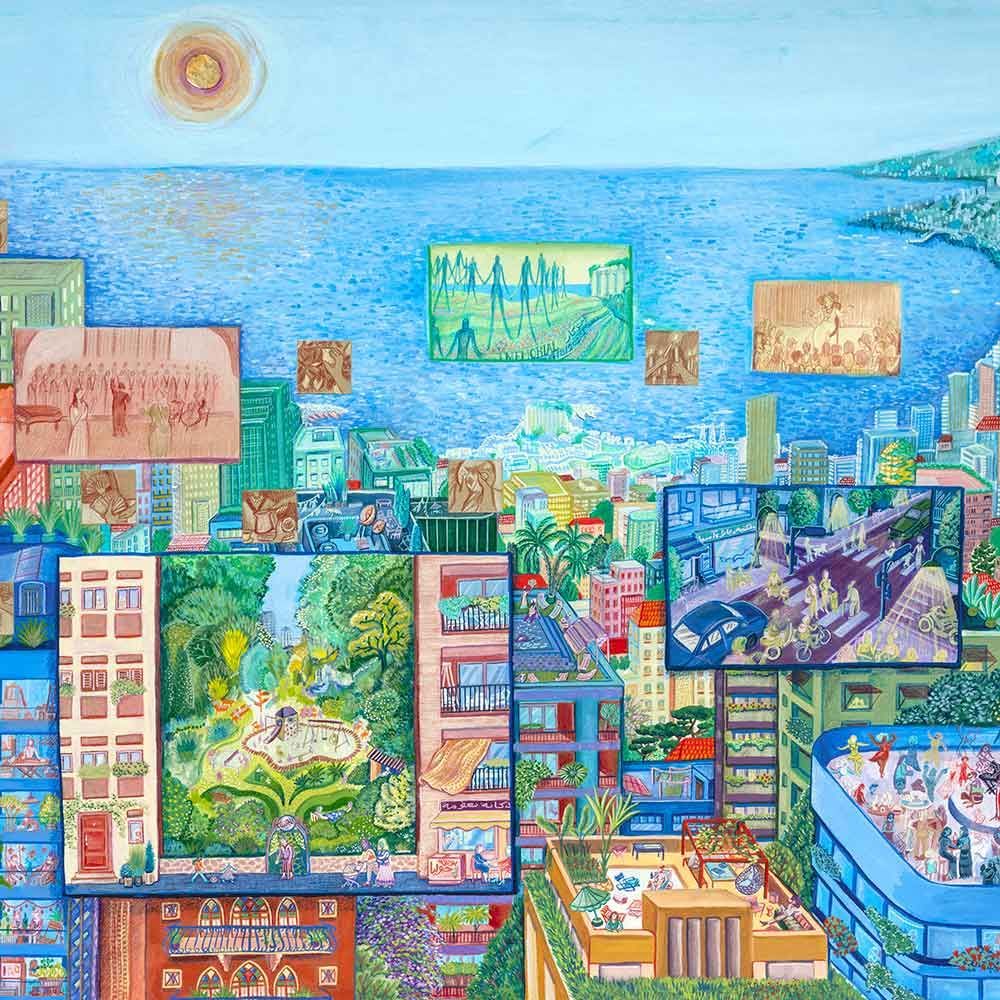 A colourful lithograph of Beirut; cityscape with square artworks, ocean, and a sun. Buildings with various details.