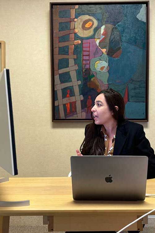 Lynn Zovighian at The Zovighian Public Office in Beirut. She is in a blazer at her desk, looking at a computer screen.