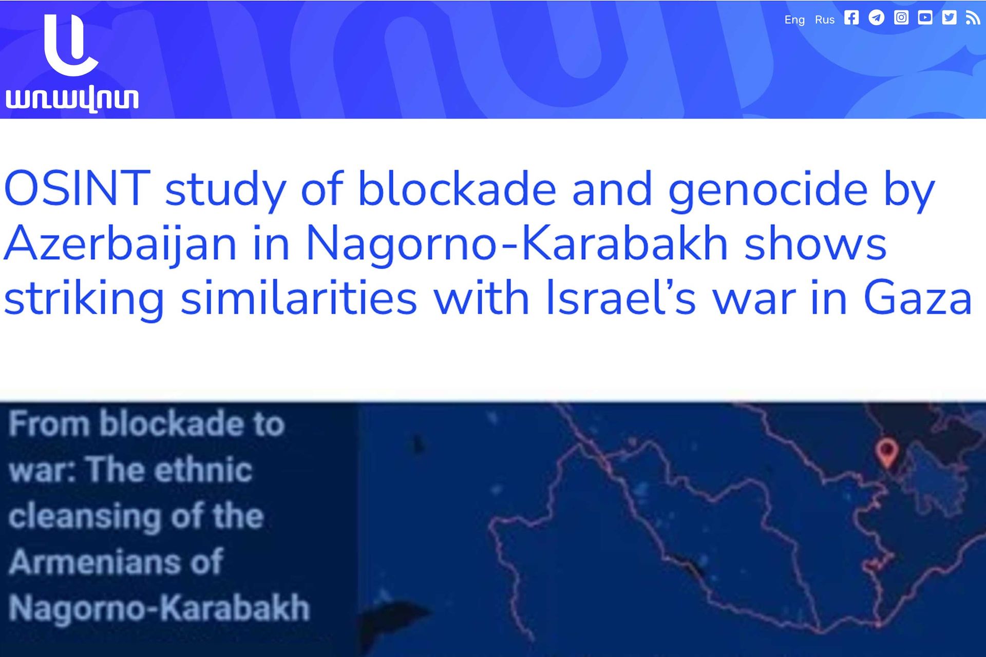 Aravot media feature in English language headline about ethnic cleansing of Armenians in Artsakh