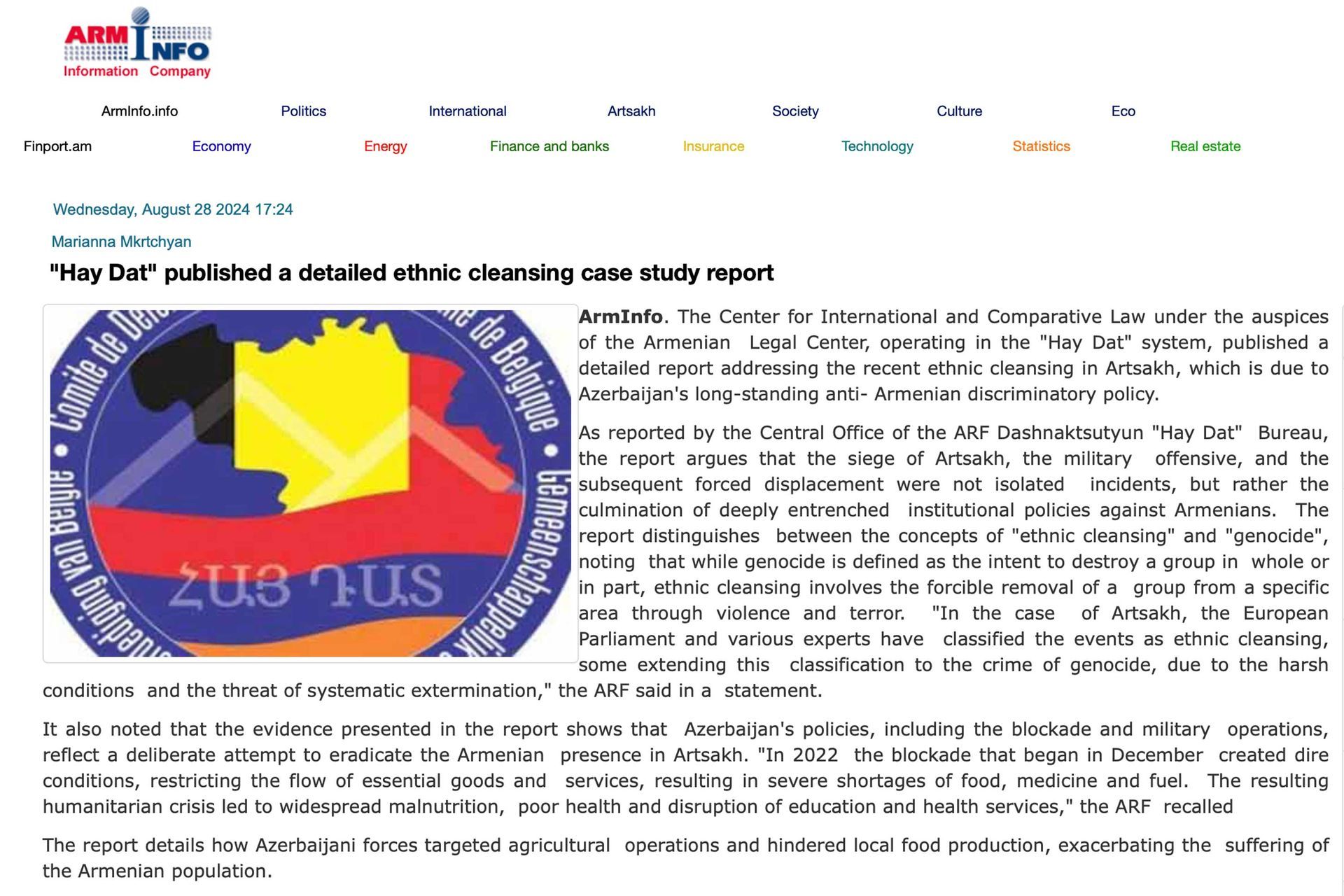 ArmInfo feature showing a report with text & a graphic of Armenia, Artsakh; Headline refers to a ethnic cleansing case study.