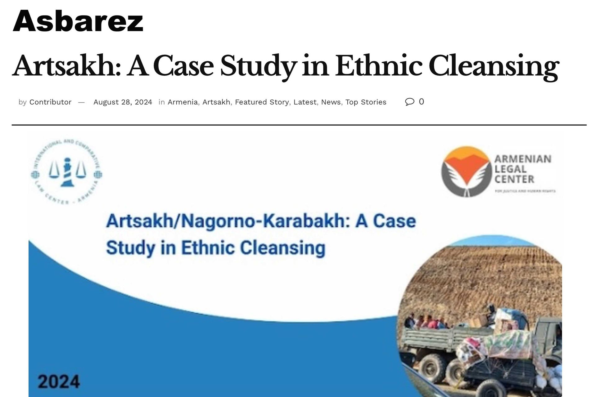 Asbarez media feature. Headline reads: “Artsakh: A Case Study in Ethnic Cleansing,” with map graphics and blue-white layout.