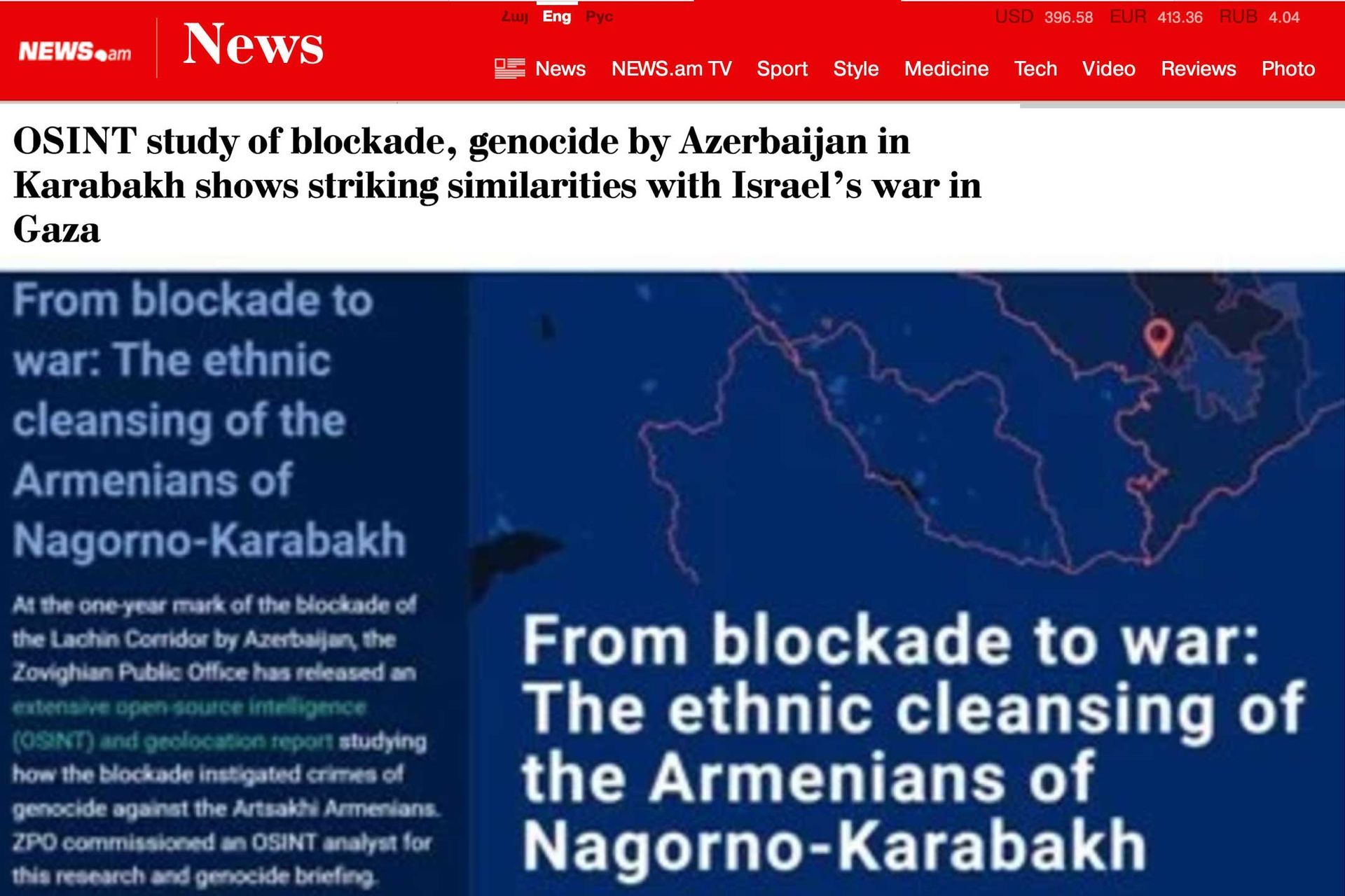 News.am media feature comparing blockade in Nagorno-Karabakh to Israel war in Gaza blue map background with red borders.