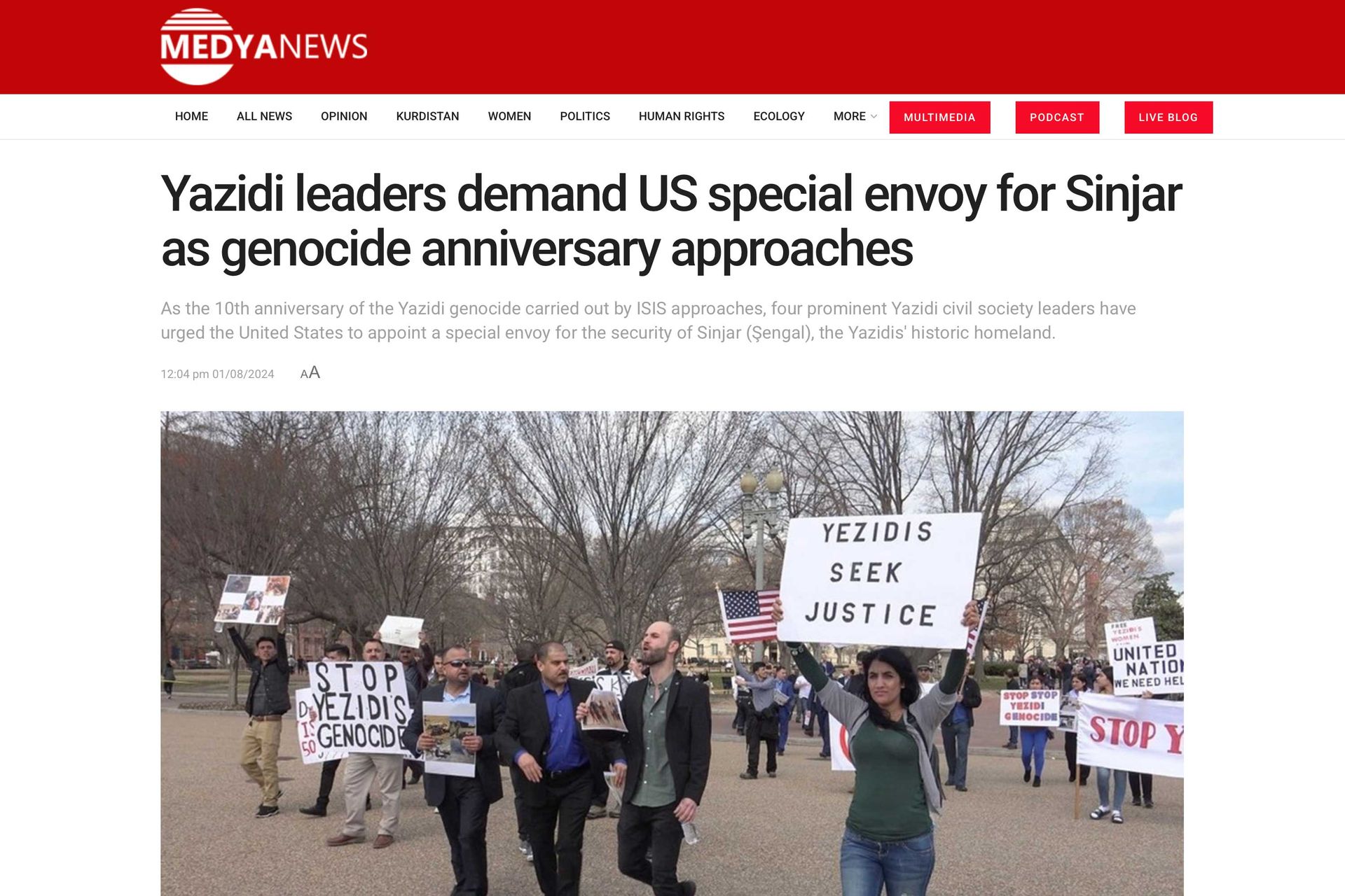 Medya News feature; protesters marching with signs, headline about Yazidi leaders demanding a US special envoy.