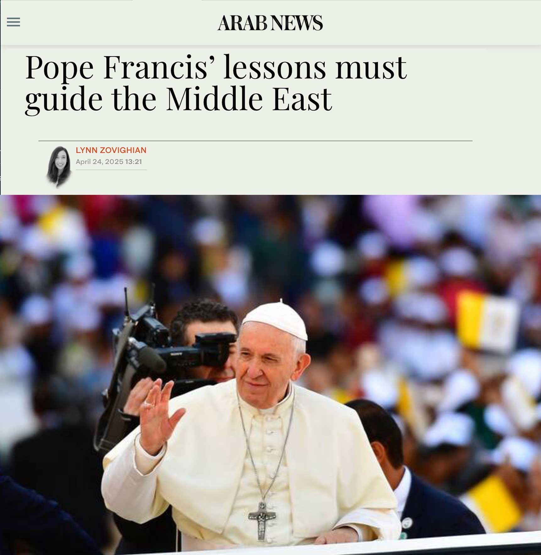 Arab News media feature: Pope Francis waving in a crowd; headline:
