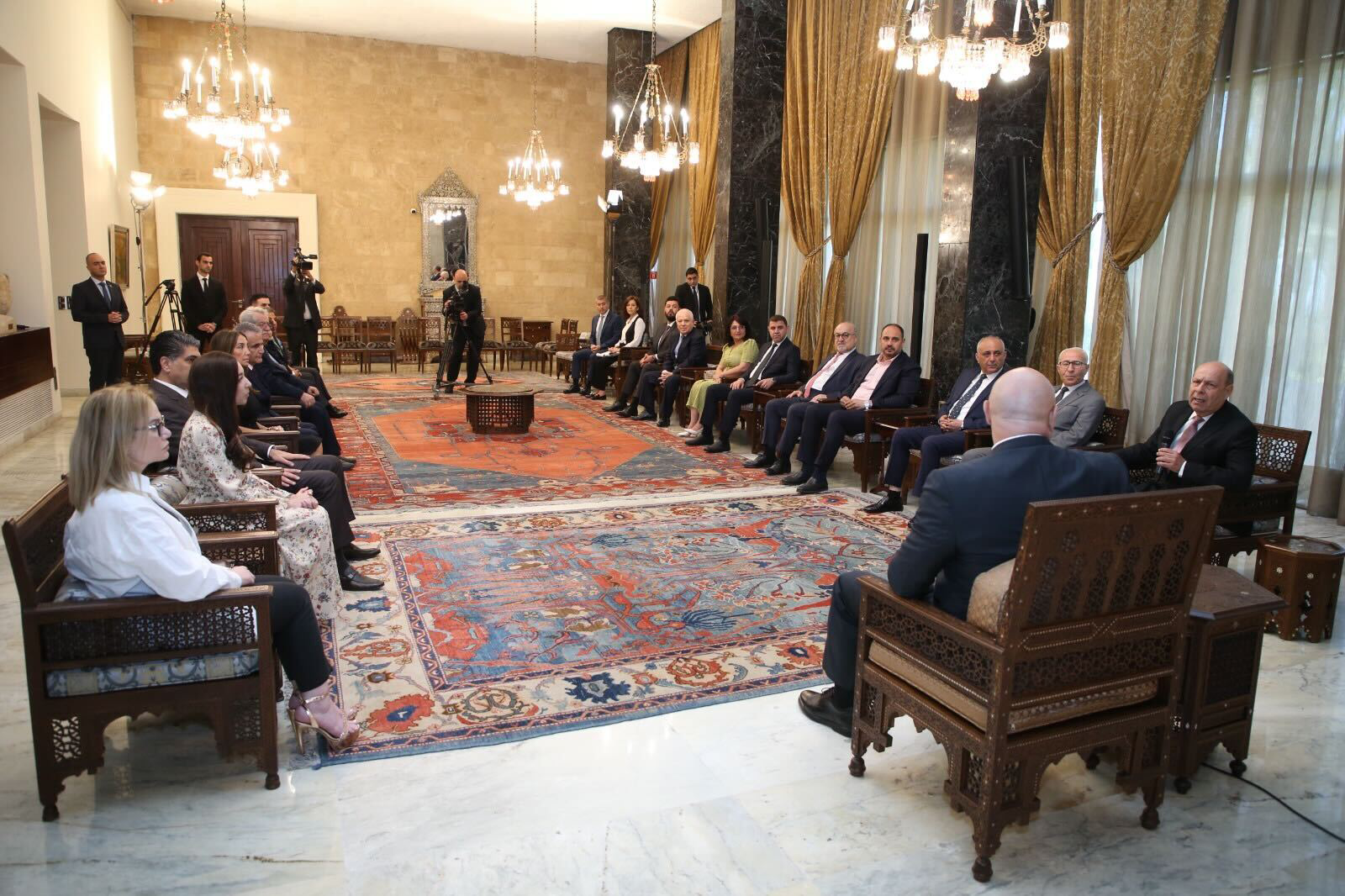His Excellency President Joseph Aoun hosts international religious freedom advocates, including ZPO Founder Lynn Zovighian (seated left), at the Presidential Palace in Ba’abda, Lebanon.