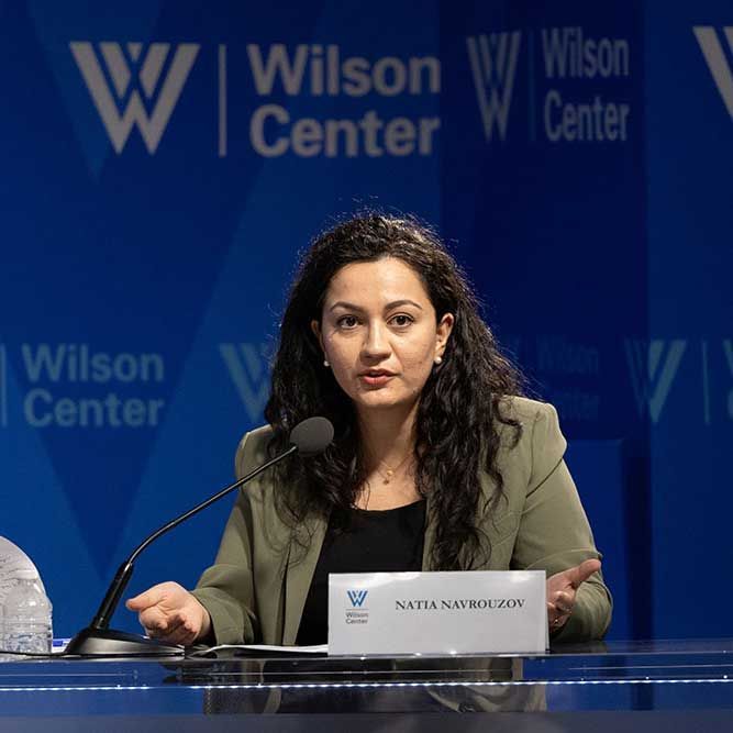 Natia Nazorouv at a panel at the Wilson center talking about Sinjar